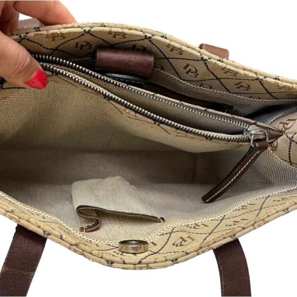 Numbered Dooney & Bourke Beige Logo Tote Bag With Brown Leather Straps and Trim - Picture 11 of 13